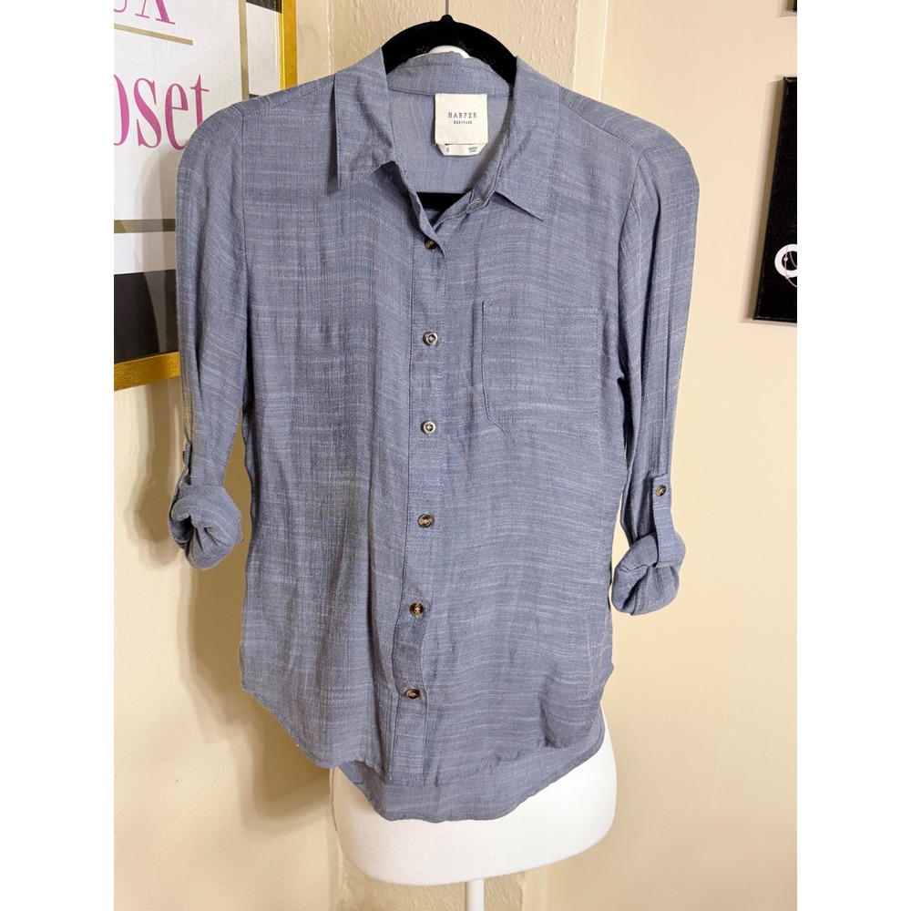 Harper Heritage Blue Slub Knit Roll Tab Sleeve Button Up Shirt Small